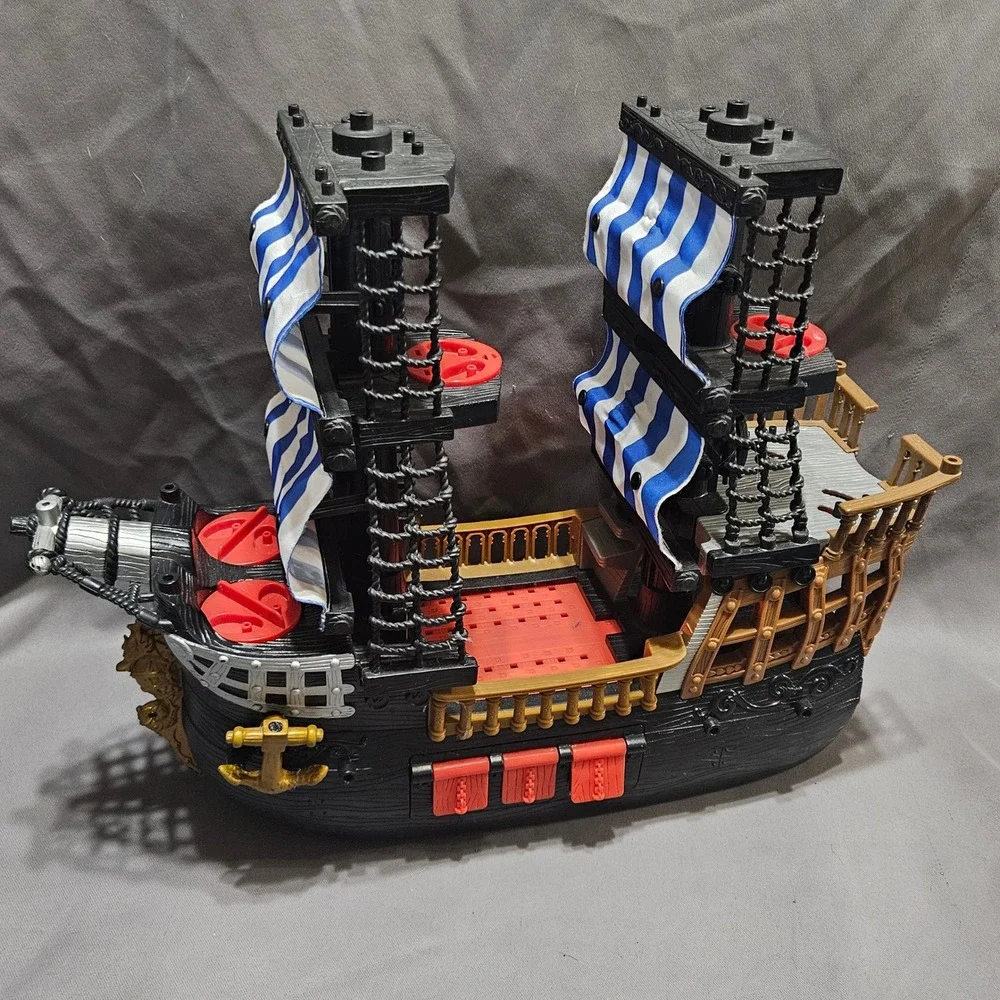 Vintage Fisher-Price Imaginext Pirate Ship Black Blue White Sails 2006 Mattel